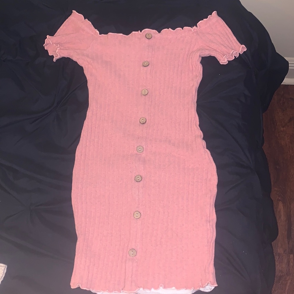 May Pink pink off the shoulder dress with buttons